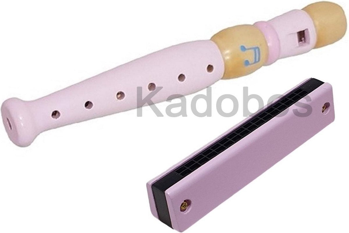 Houten blokfluit en mondharmonica roze