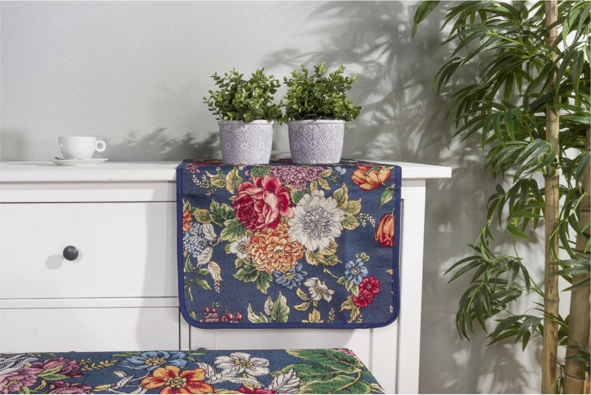 Tafelloper - luxe gobelinstof - Kate Navy - Donker Blauw met kleurige bloemen - Loper 100 cm