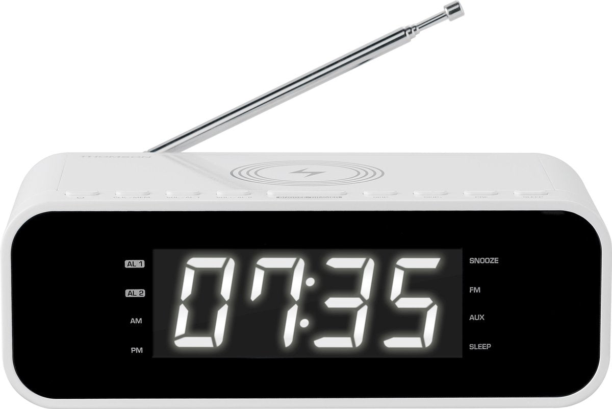 Thomson Dubbel Alarm Wekkerradio - Inductie Telefoon Oplader - Wit