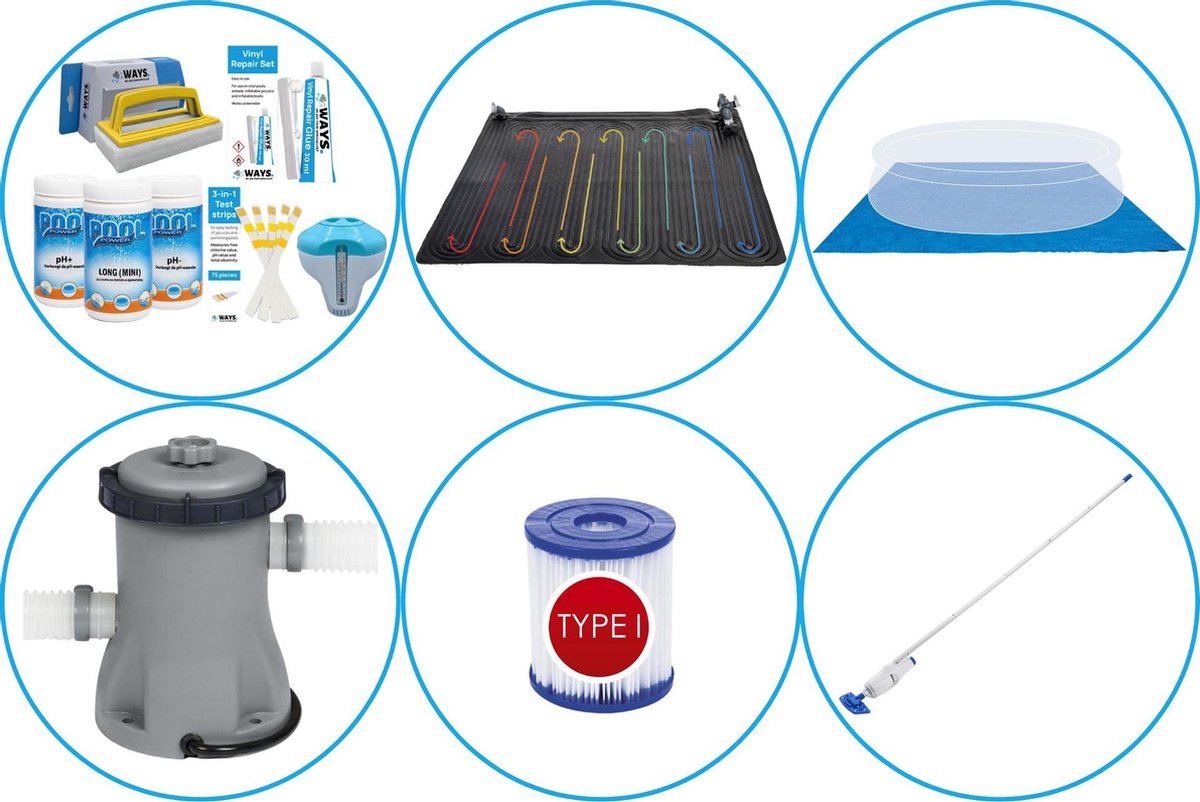 WAYS - Zwembad Accessoirepakket 6-delig - WAYS Onderhoudspakket & Zwembad verwarming & Filterpomp (58381) & Zwembad filters Type I & Zwembad stofzuiger & Grondzeil