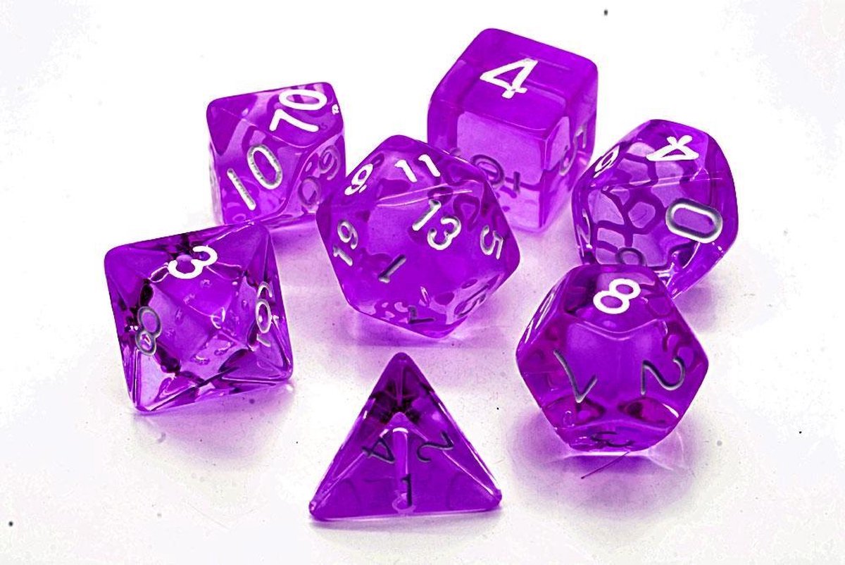 Polydice set 7 stuks - Polyhedral dobbelstenen set  | dungeons and dragons dnd dice| D&D  Pathfinder RPG | Paars doorzichtig