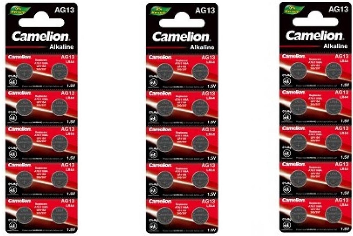 Camelion AG13/LR44/76A/V13GA/A76 1.5v Alkaline knoopcel batterij - 30 Stuks (3 Blisters a 10St)