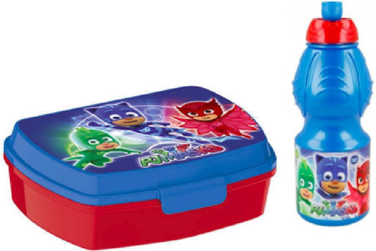 PJ Masks brooddoos (17 cm - 13 cm - 6 cm) + Drinkfles (18 cm hoog - 400 ml)