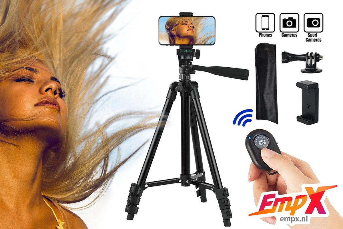 Tripod met afstandsbediening - Smartphone Bluetooth Remote Shutter - Tiktok Tripod - Camera Statief 102 Cm Zwart Tripod voor Fotocamera en Smartphone  - iPhone Tripod - Canon – Nikon - Sony - Spiegelreflexcamera