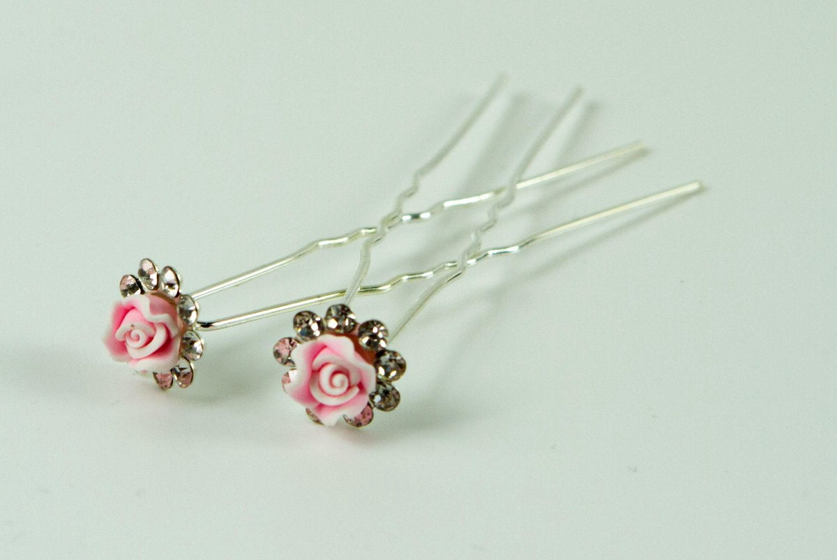 Haarpinnen roosje roze met strass