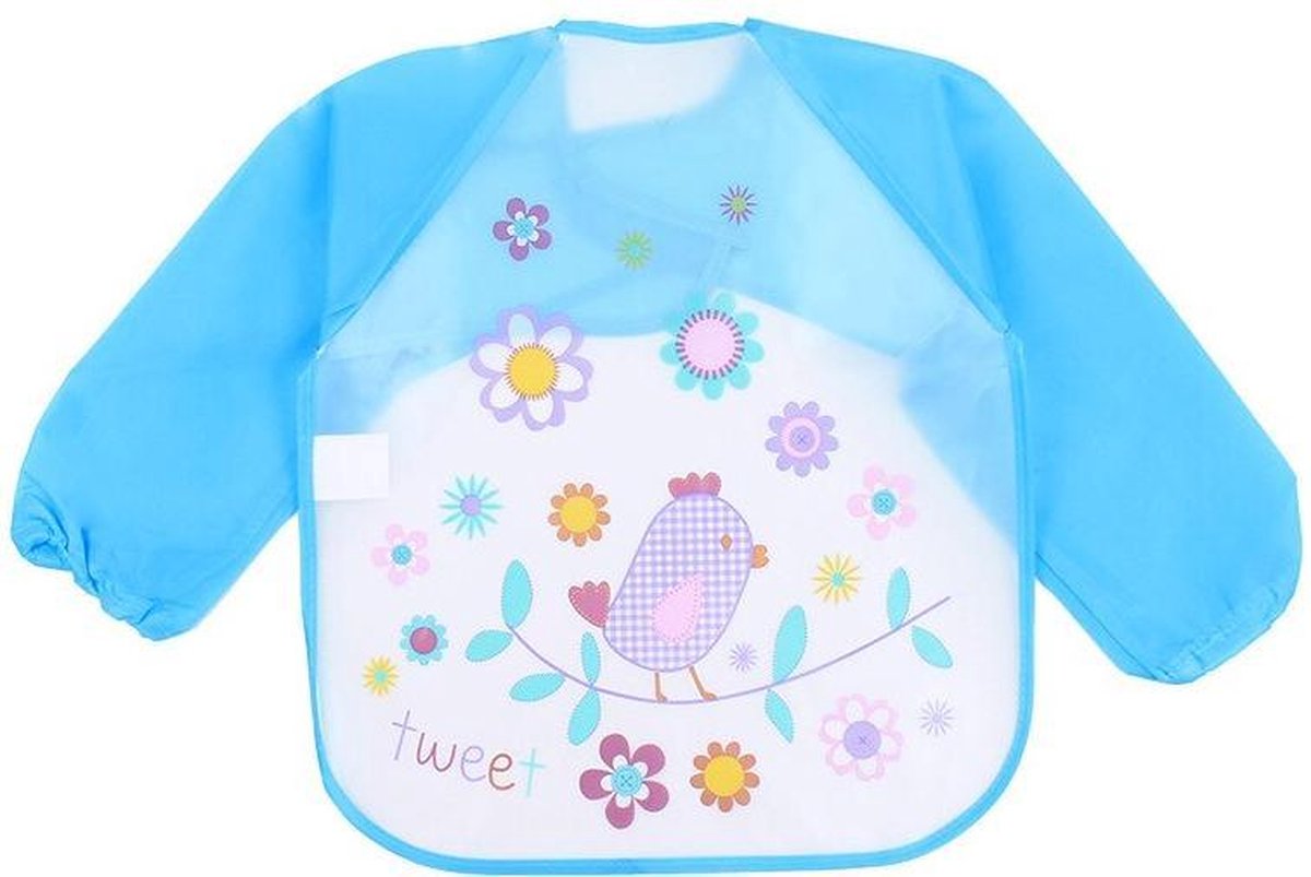 JillyBee - Slabber - Schort - Slabberschort - Waterproof - Mouwen - Vogel - Blauw - Lichtblauw