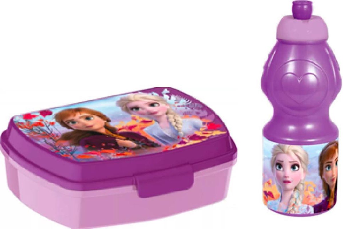 Frozen brooddoos (17 cm - 13 cm - 6 cm) + Drinkfles (18 cm hoog - 400 ml)