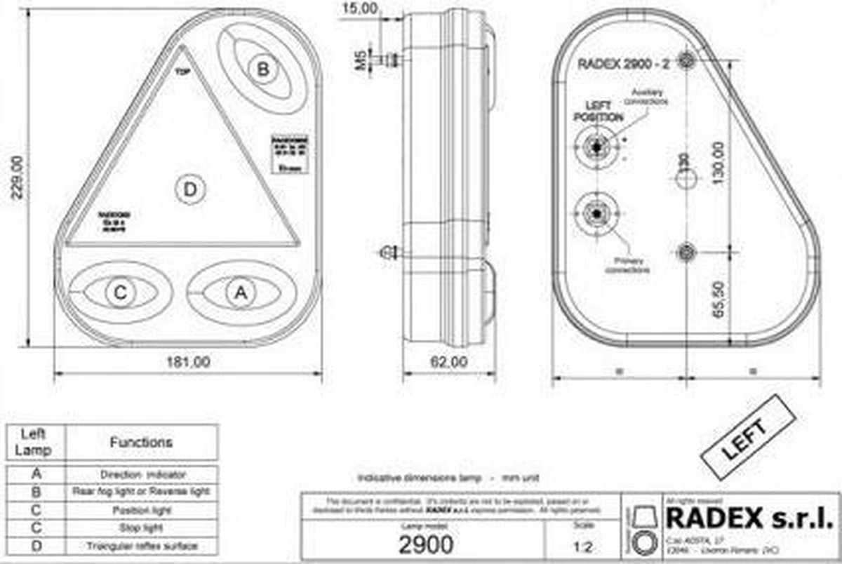 Radex 2900 Links 180x240x60 mm - verticale montage - voorzien van 5-polige Radex connector aansluiting