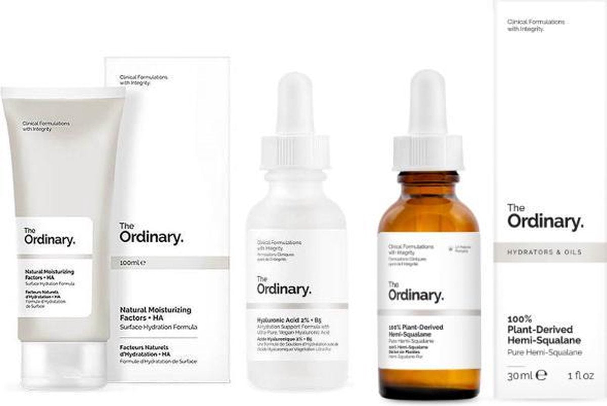 The Ordinary tripple skincare geschenkset - 1 x The Ordinary Hyaluronic Acid 2% + B5 30ml + 1 x The Ordinary 100% Plant-Derived Squalane 30ml + 1 x The Ordinary Natural Moisturising Factors + HA 100ml