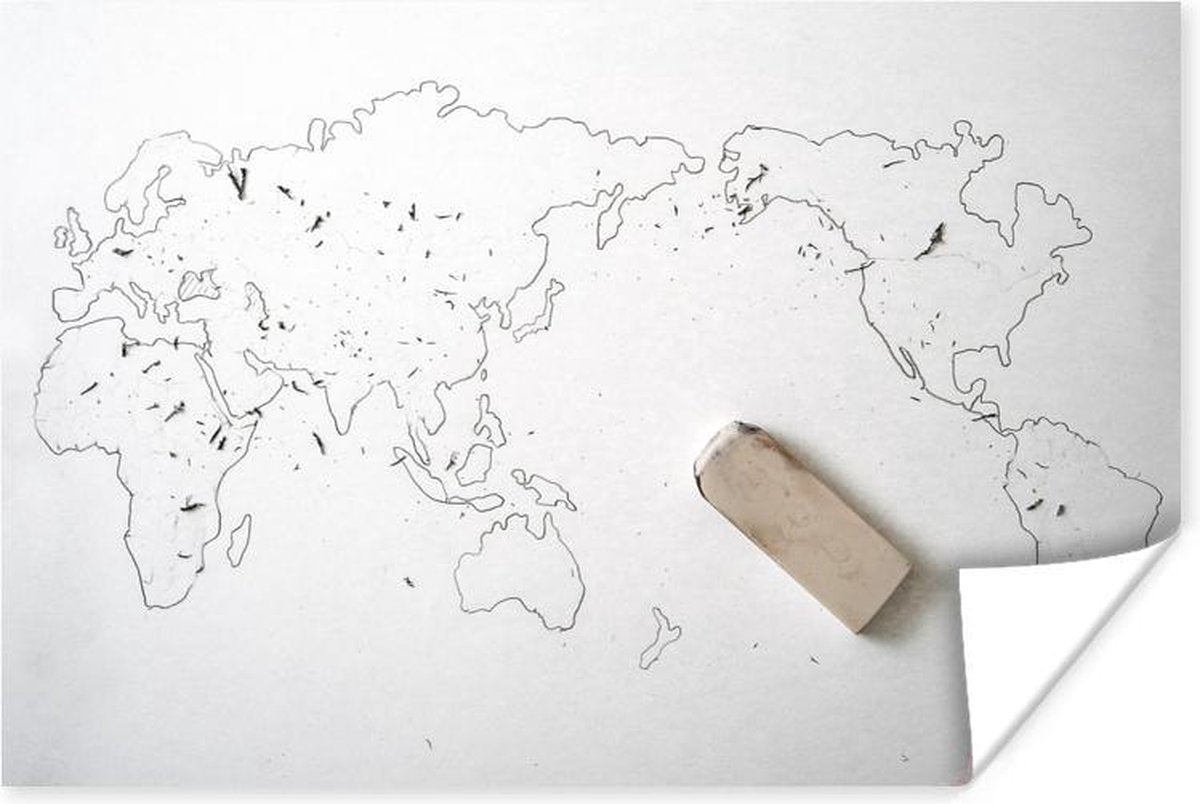 Poster - Handgetekende wereldkaart met gum - 30x20 cm