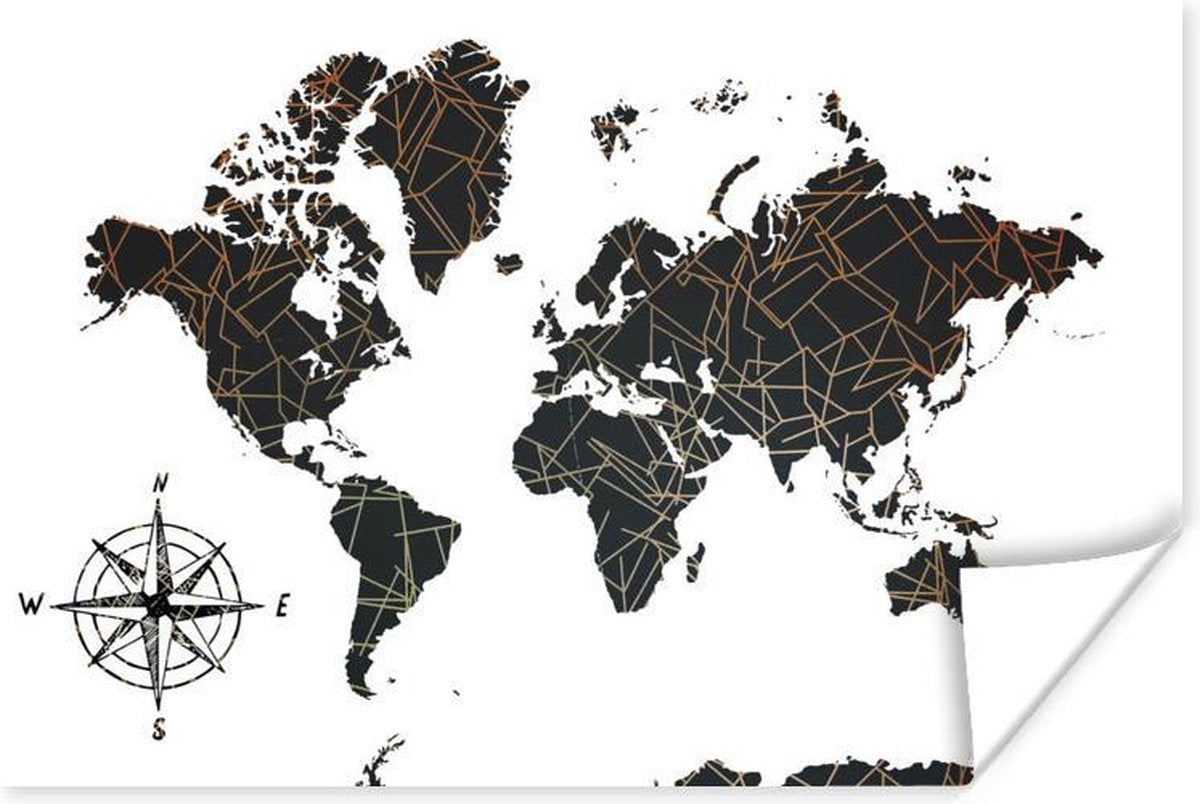 Poster Wereldkaart - Zwart - Wit - Koper - 30x20 cm
