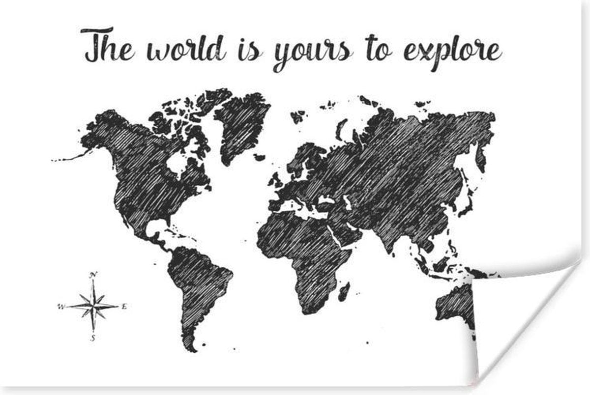 Poster Wereldkaart - Quote - Zwart - Wit - 30x20 cm