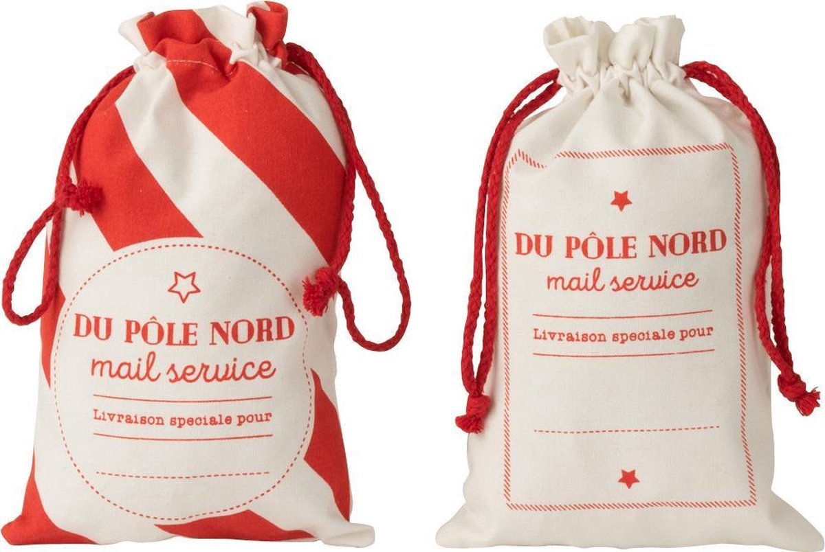 J-Line Zak Kerst Frans Katoen Wit/Rood Small Set van 12 stuks