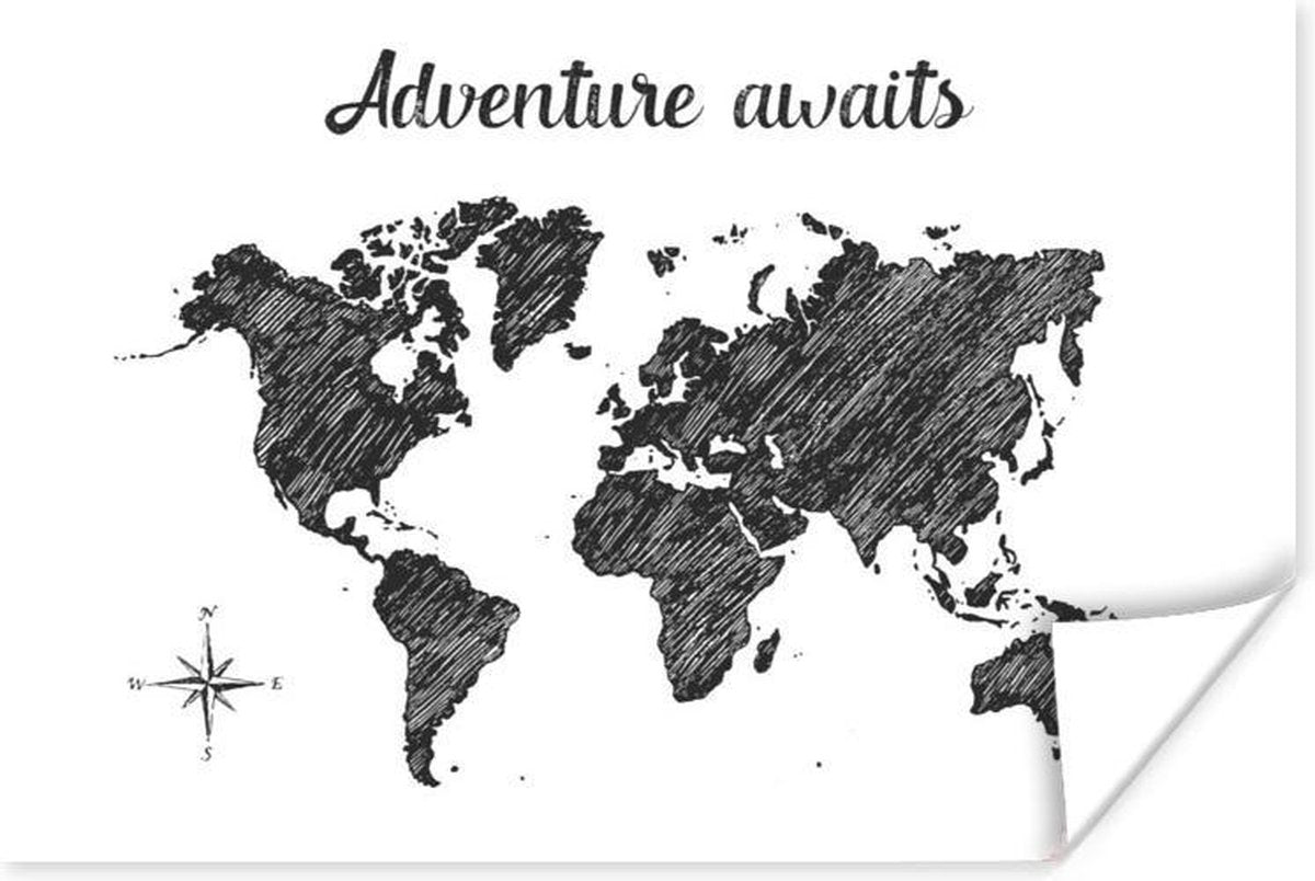 Wanddecoratie - Wereldkaart - Quote - Adventure Awaits - 60x40 cm - Poster