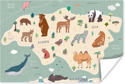 Dieren - Wereldkaart kinderen - Groen - Schoolplaat - Kinderkamer - 120x80 cm