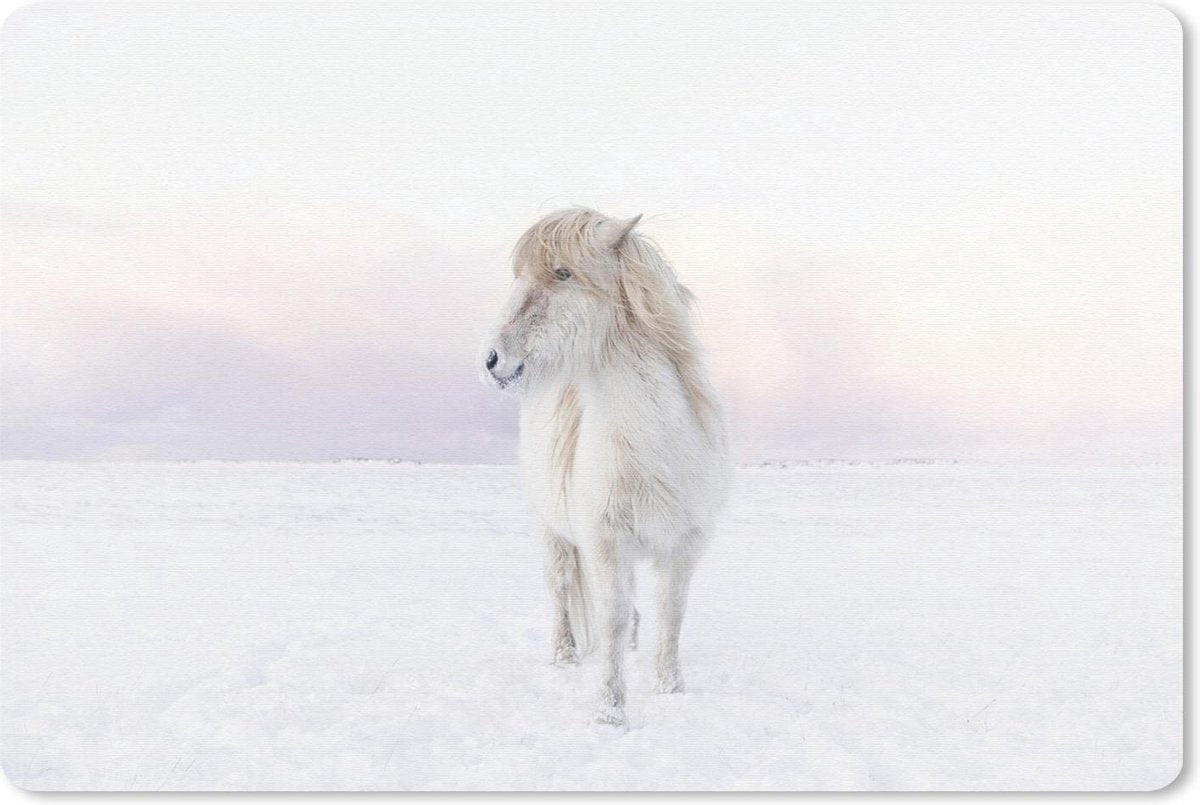 Bureau mat - Wit IJslander paard in de sneeuw - 60x40