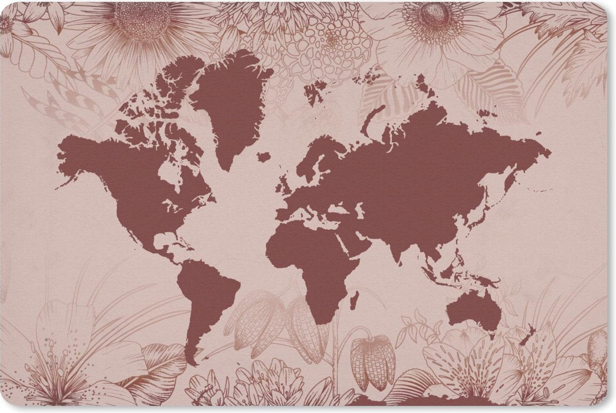 Bureau mat - Wereldkaart - Bloemen - Rood - 60x40