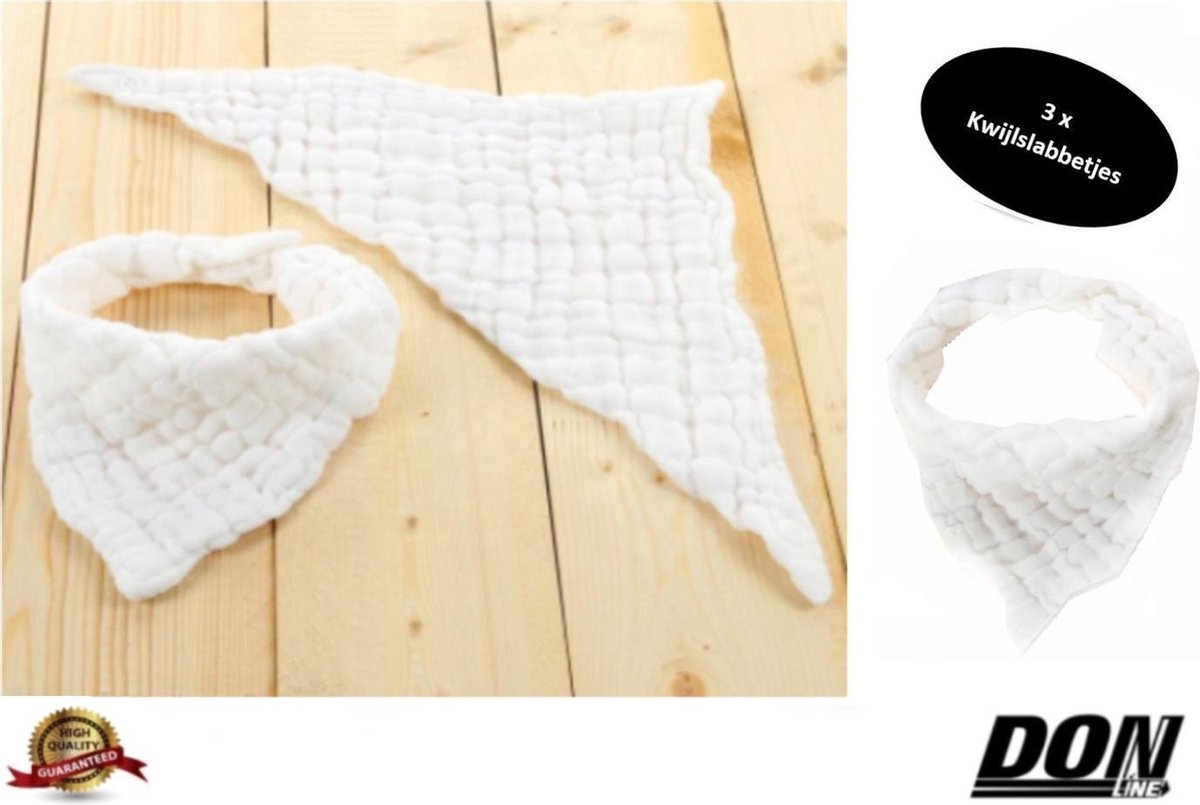 Set van 3 stuks - Wit - Kwijlslabbetje / Bandana Kwijl Slabbetjes / Baby en Peuter Slab / Puntslab / Puntsjaaltjes / Slabber Verstelbaar in 2 maten - 100 % Katoen - Meisjes of Jongens - Wit – 6-laags Organic Cotton – Baby Shower / Kraam Cadeau