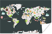 Poster Wereldkaart - Dieren - Grijs - 180x120 cm XXL