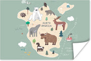 Noord Amerika - Wereldkaart kinderen - Groen - Schoolplaat - Kinderkamer - 60x40 cm