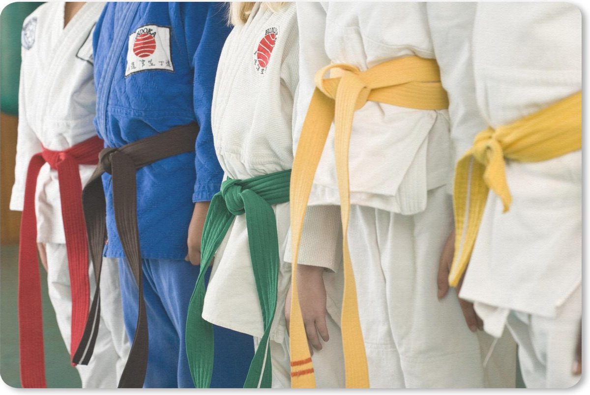 Bureau mat - Meerdere judoka's staan naast elkaar met verschillende kleuren banden - 60x40