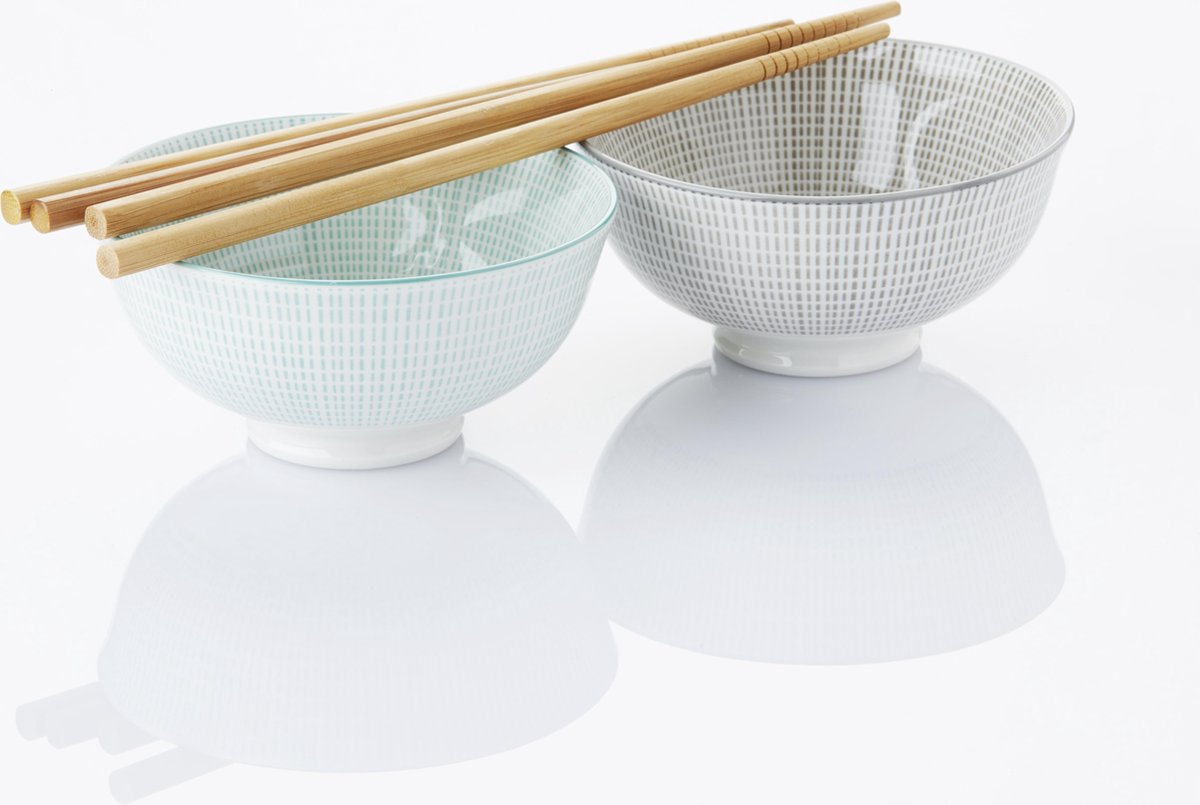 Point-Virgule Serviesset - 2 Rijstkommen - Met Chopsticks - Aqua en Grijs - Ø 12 cm