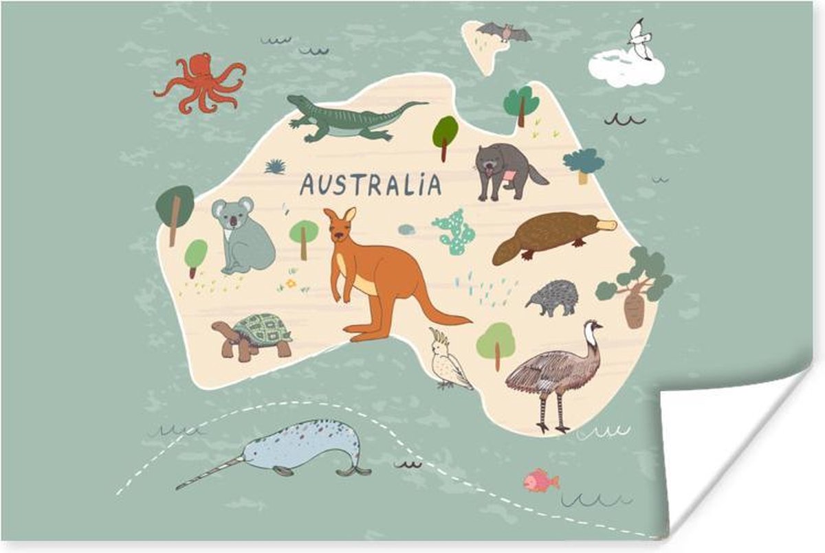 Dieren - Australië - Wereldkaart kinderen - Schoolplaat - Kinderkamer - 120x80 cm