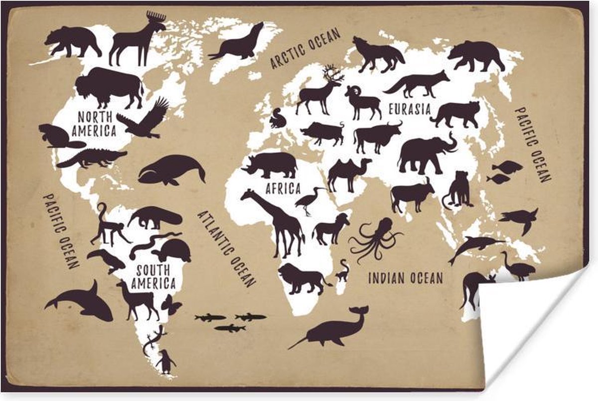Wanddecoratie - Wereldkaart - Dieren - Bruin - 90x60 cm - Poster