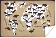 Wanddecoratie - Wereldkaart - Dieren - Bruin - 90x60 cm - Poster