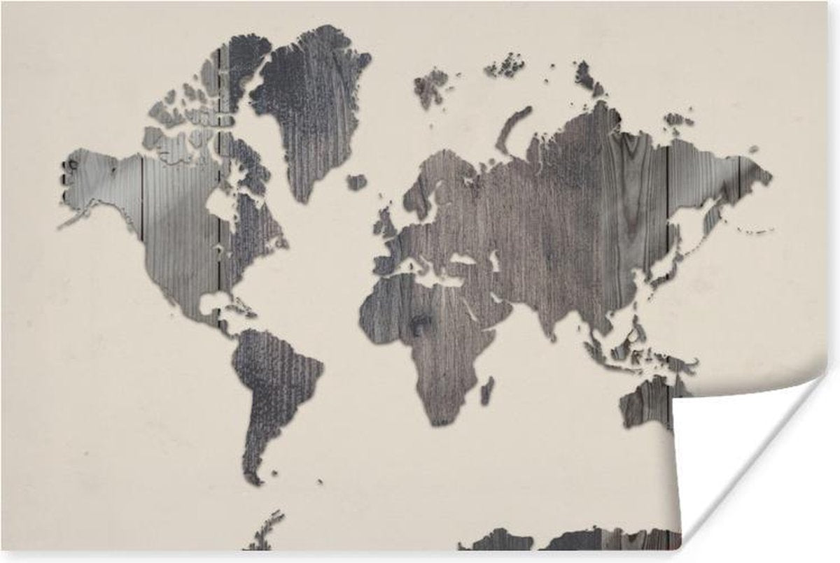 Poster Wereldkaart - Hout - Grijs - 180x120 cm XXL