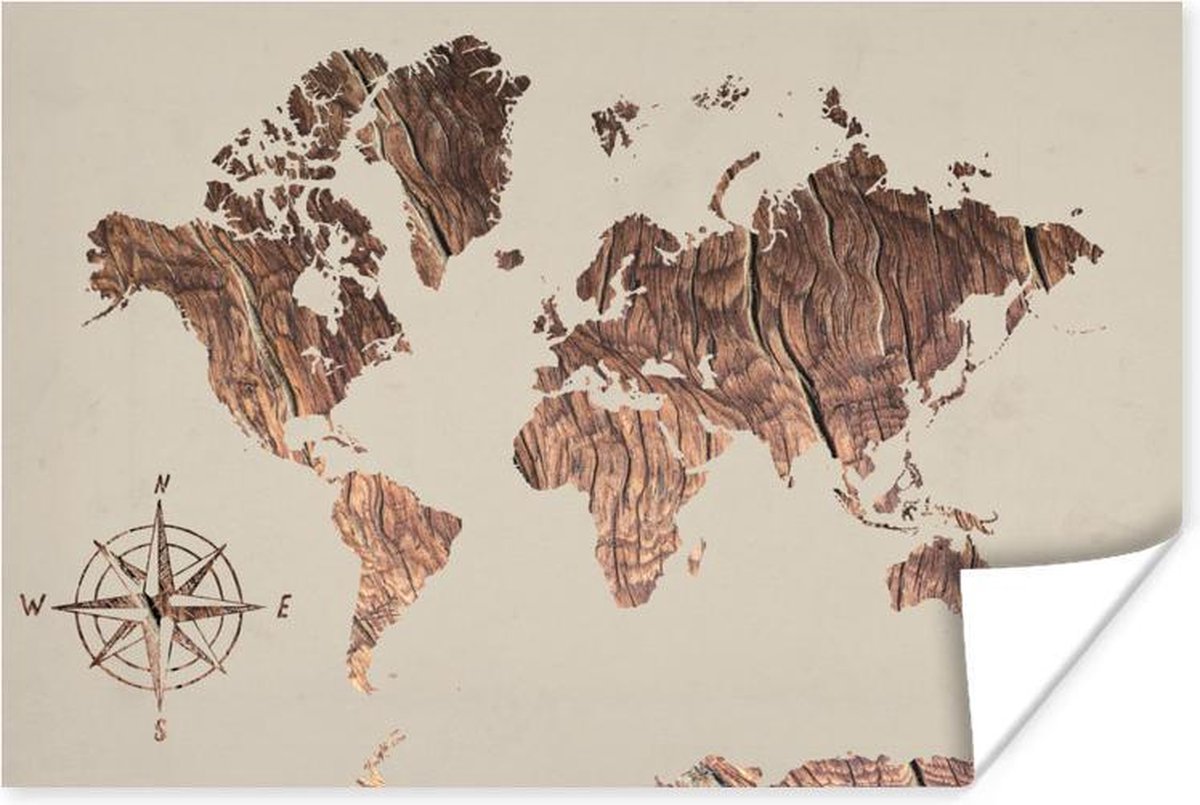 Poster Wereldkaart - Hout - Windroos - 180x120 cm XXL