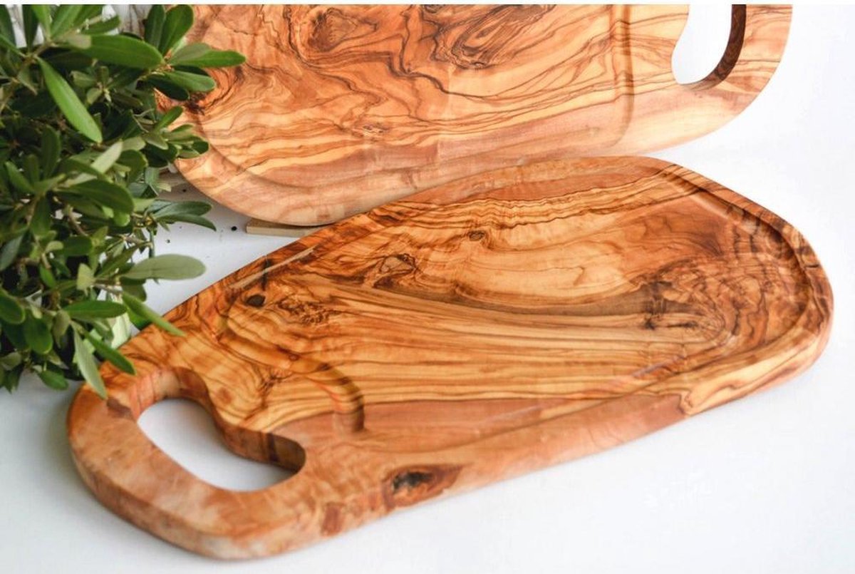 Rustieke steakplank met sapgroef & olijfhouten handvat - duurzaam - circa. 38-39 cm  gemaakt uit olijfhout