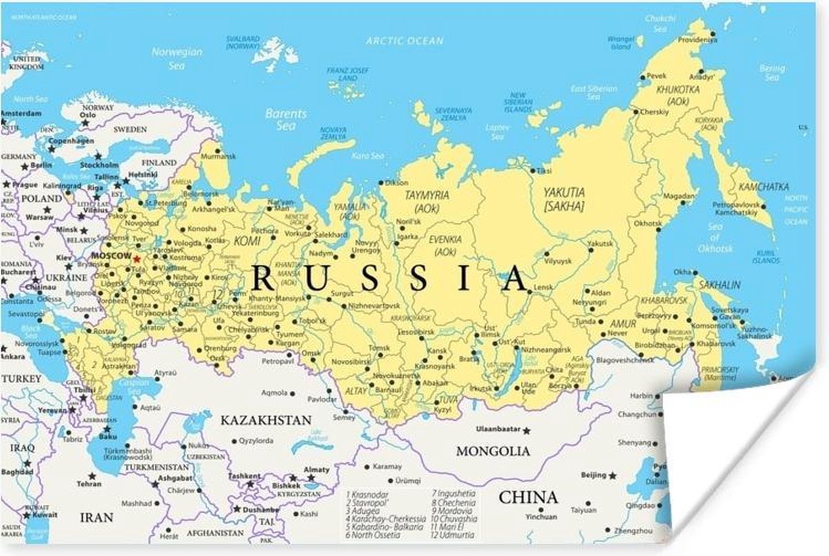 Poster - Illustratie van een deel van de wereldkaart met Rusland - 60x40 cm