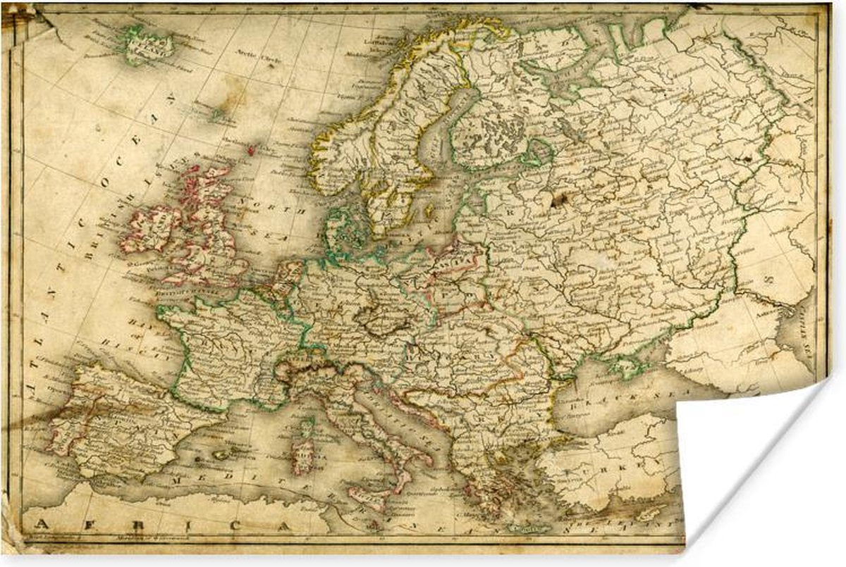 Wereldkaarten - Groezelige wereldkaart van Europa - 80x60 cm