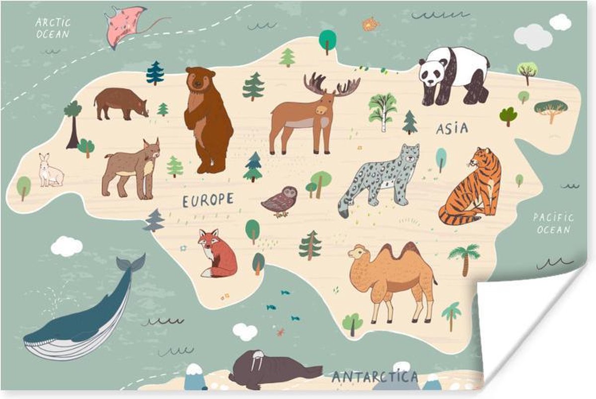 Dieren - Wereldkaart kinderen - Groen - Schoolplaat - Kinderkamer - 180x120 cm