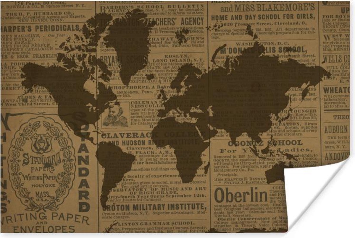 Wanddecoratie - Wereldkaart - Bruin - Krant - 90x60 cm - Poster