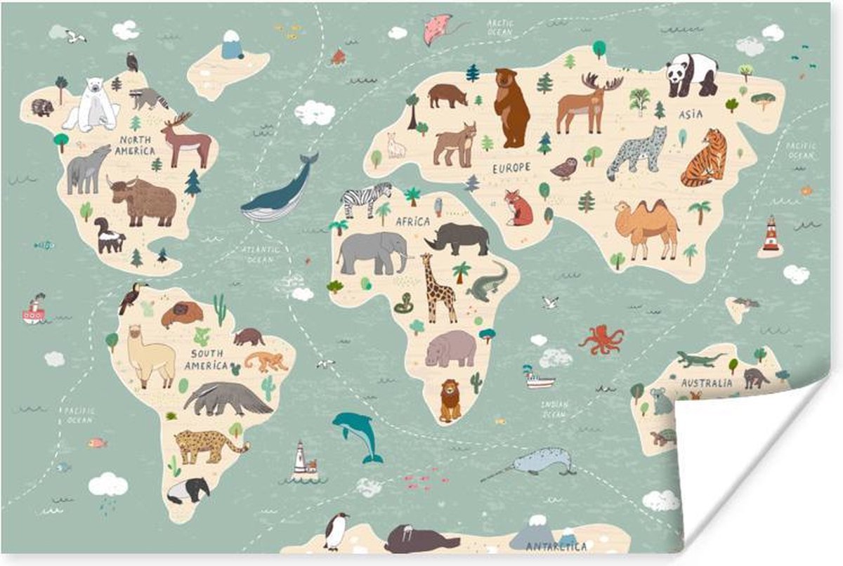 Aarde - Wereldkaart kinderen - Dieren - Schoolplaat - Kinderkamer - 90x60 cm