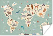 Aarde - Wereldkaart kinderen - Dieren - Schoolplaat - Kinderkamer - 90x60 cm