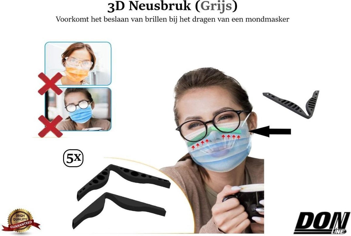 DONLINE - 3D Neusbrug x 5 (Grijs) - Anticondenssysteem voor brillen - Mistvrije oplossing voor brillen - Stopt het beslaan van Brillen - Geschikt voor de meeste wasbaar mondkapjes en wegwerp mondmaskers op de markt - Set van 5 stuks - Neusbeugel