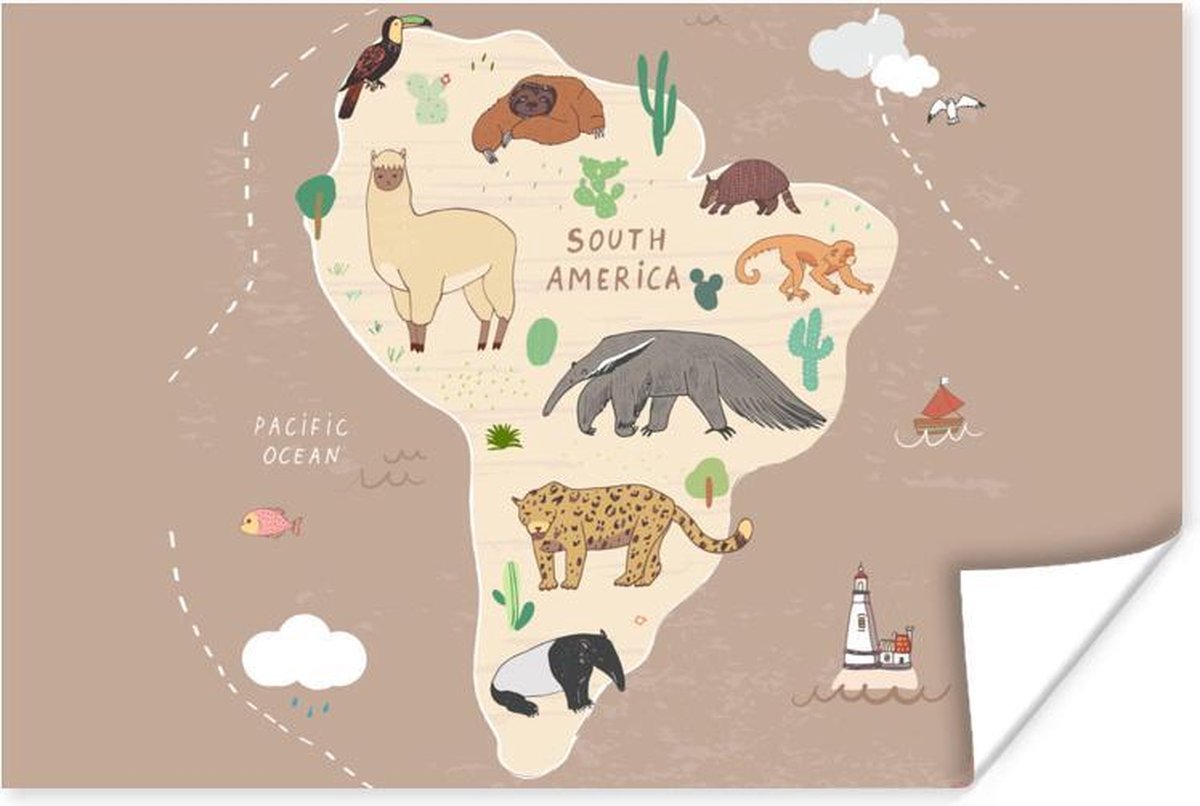 Dieren - Bruin - Wereldkaart kinderen - Schoolplaat - Kinderkamer - 180x120 cm
