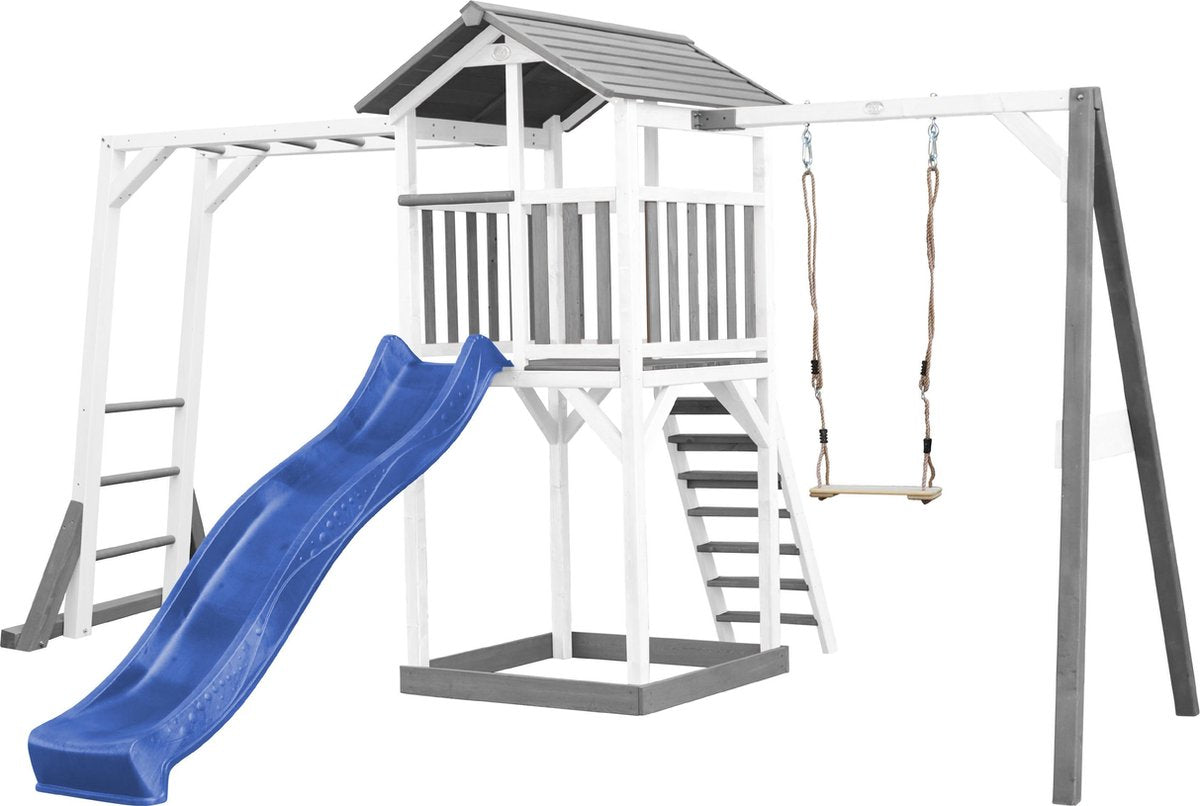AXI Beach Tower Speeltoren met Klimrek en Enkele Schommel Grijs/wit - Blauwe Glijbaan - Zandbak - FSC Hout