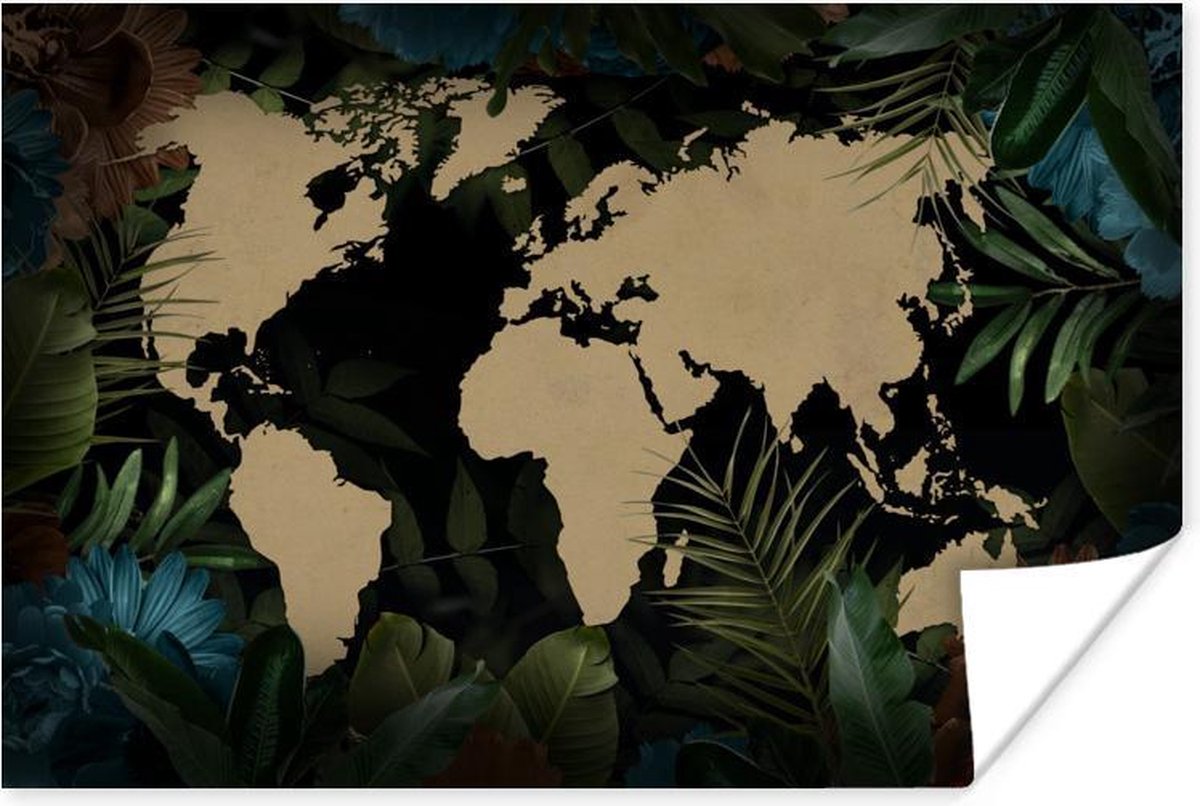 Wanddecoratie - Wereldkaart - Tropische Planten - Bladeren - 60x40 cm - Poster