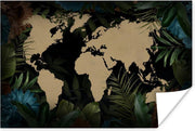 Wanddecoratie - Wereldkaart - Tropische Planten - Bladeren - 60x40 cm - Poster