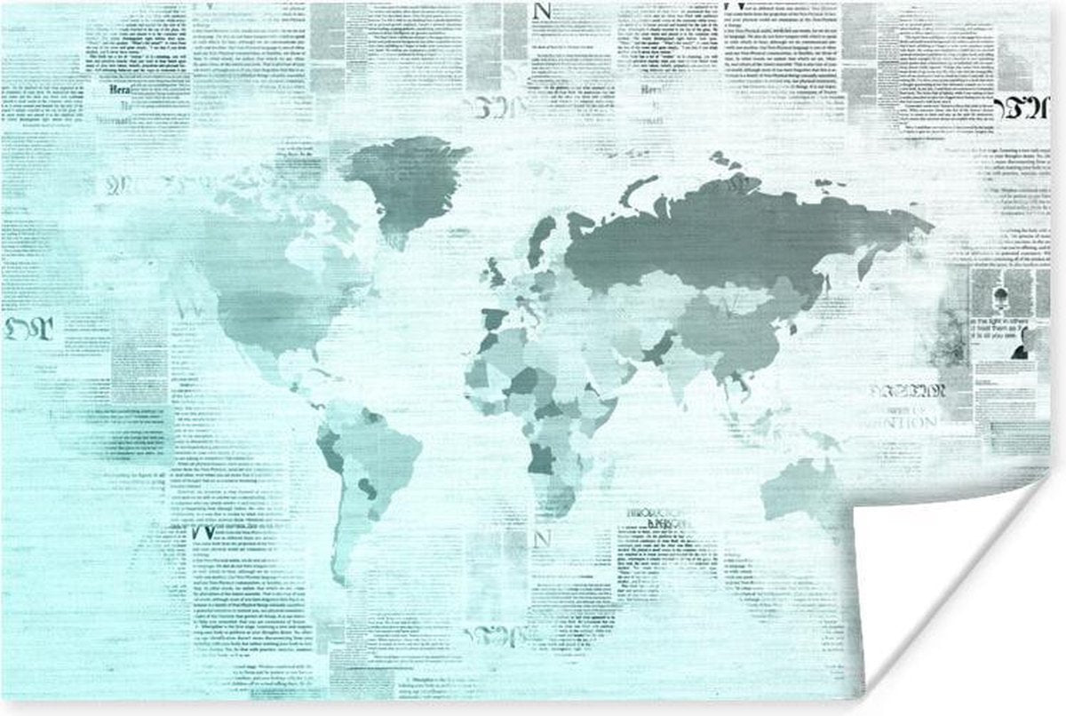 Poster Wereldkaart - Krant - Blauw - 30x20 cm