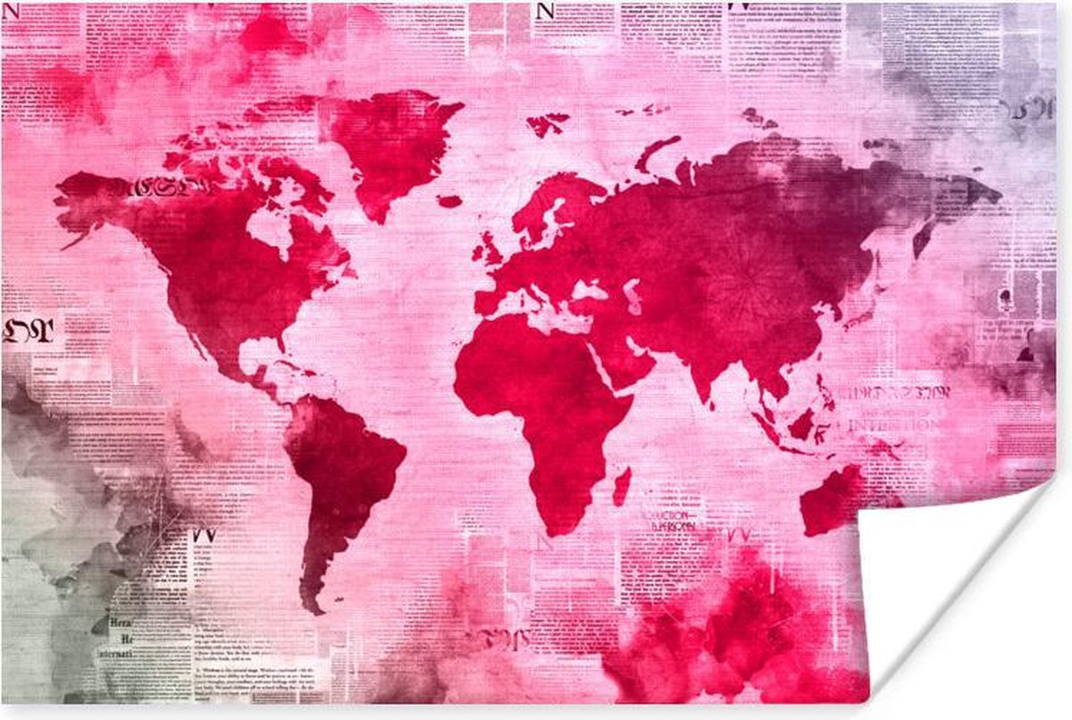 Poster Wereldkaart - Rood - Krant - 180x120 cm XXL