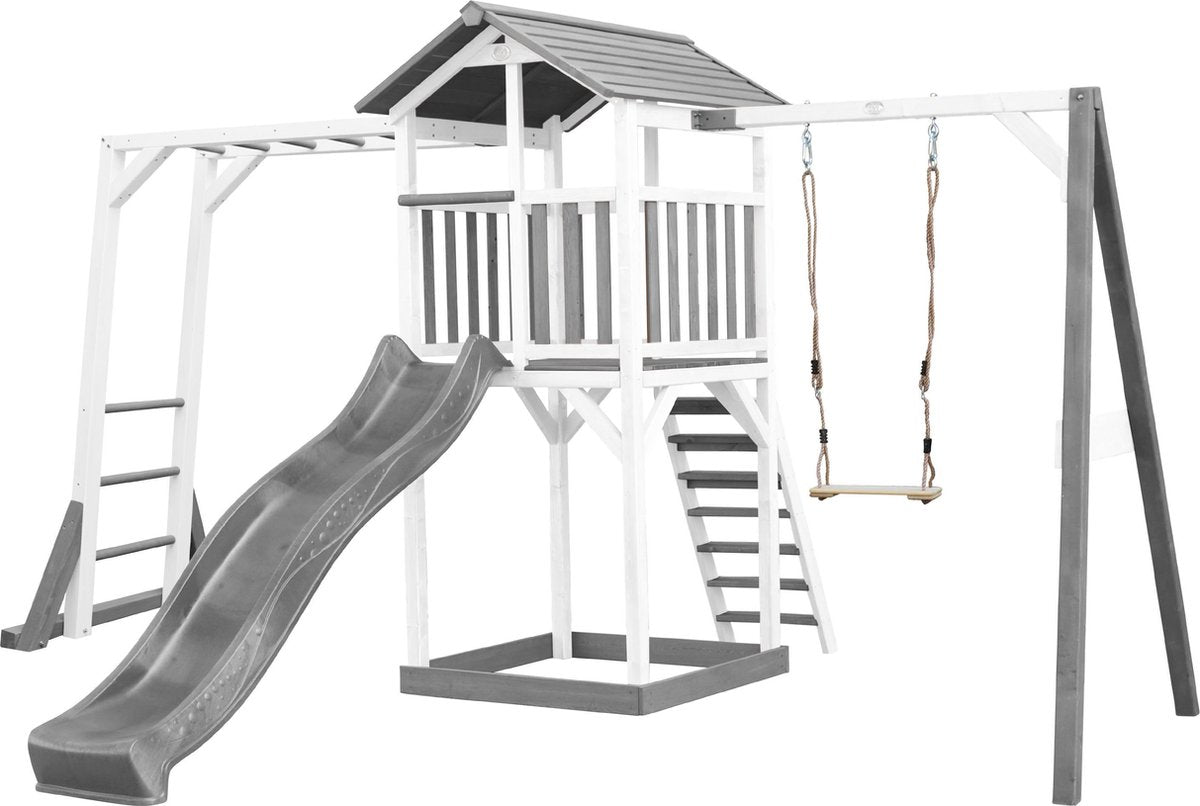 AXI Beach Tower Speeltoren met klimrek en enkele schommel Grijs/wit - Grijze Glijbaan - Zandbak - FSC Hout