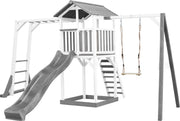 AXI Beach Tower Speeltoren met klimrek en enkele schommel Grijs/wit - Grijze Glijbaan - Zandbak - FSC Hout