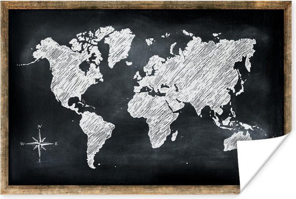 Poster Wereldkaart - Schoolbord - Krijt - 30x20 cm