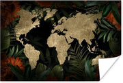 Poster Wereldkaart - Vintage - Bladeren - 30x20 cm
