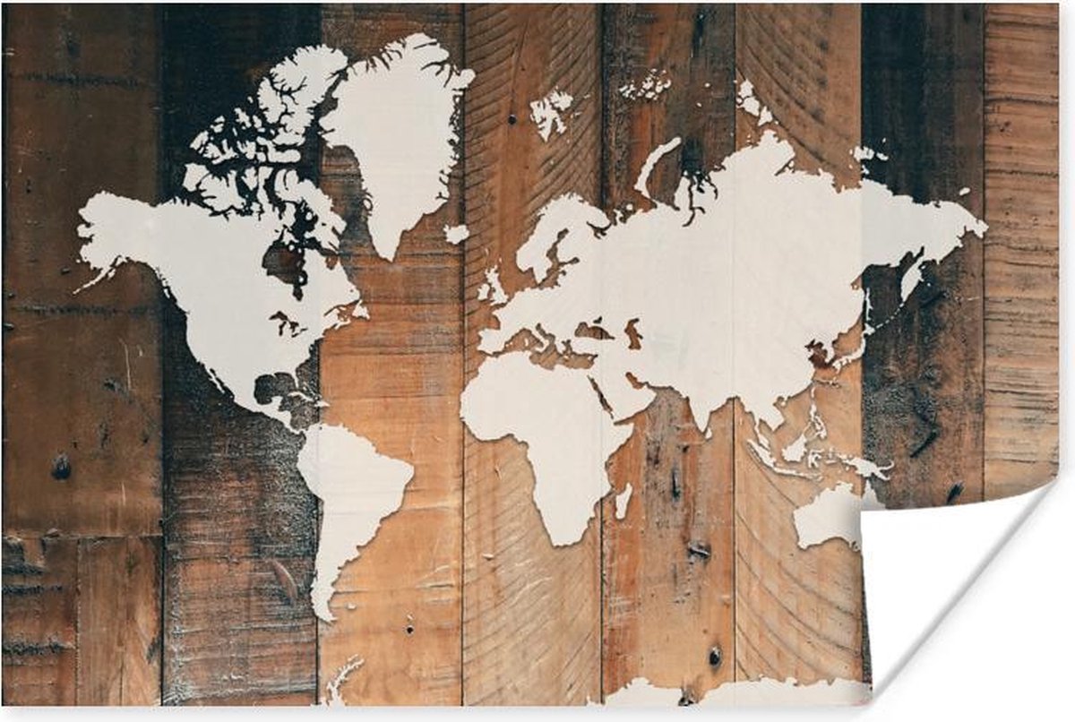 Poster - Wereldkaart - Hout - Wit - 120x80 cm